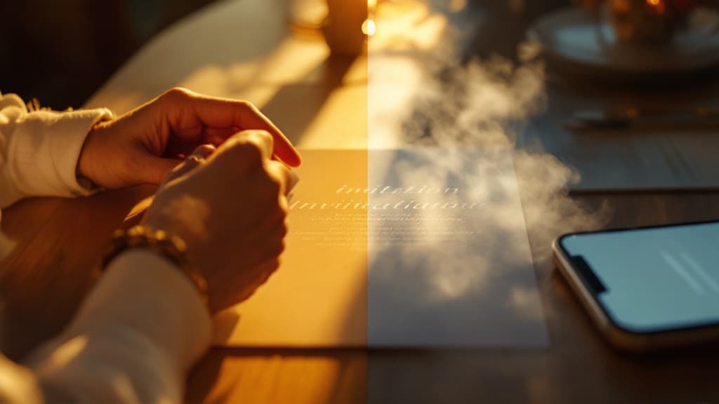 Warm, cinematic event invitation bridging physical and digital